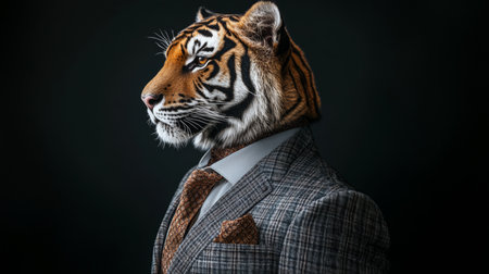 Powerful Tiger in a Business Suit A Striking Animal Human Hybrid on Black Backgroundの素材