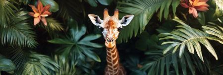 Curious Giraffe Peek. A Close-Up Portrait of Young Giraffe Among Lush Tropical Foliageの素材