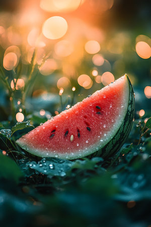 Juicy Slice of Summer Watermelon Glistens on Lush Leaves, Vibrant Blurred Backgroundの素材