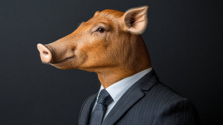 Anthropomorphic Pig in Formal Business Suit, Animal Human Hybrid Concept, Isolated on Blackの素材