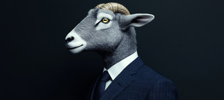Portrait of a Goat in a Business Suit on a Black Background, Concept of Success and Uniquenessの素材