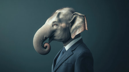 Elephant in a Suit Anthropomorphic Portrait on Dark Background, Animal Human Hybrid Conceptの素材