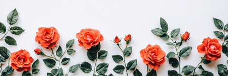 Coral Roses, Buds And Green Leaves Arranged In Row On Plain White Background, Styled Stock Photoの素材