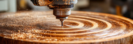 Walnut Board Carving with CNC Router Dramatic Industrial Woodworking Scene with Sawdustの素材