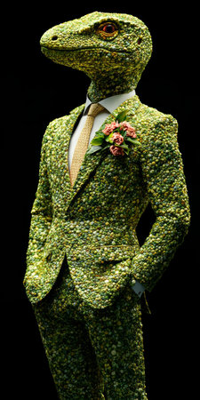 Stylish Reptile A Komodo Dragon in a Suit, Embracing Anthropomorphic Design on a Dark Backdropの素材