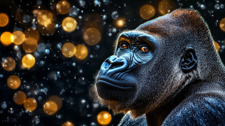 Contemplative Gorilla Portrait Thoughtful Primate Against a Dark Background with Golden Bokehの素材