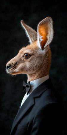 Sophisticated Kangaroo in Suit A Portrait of Animal Human Blend against Dark Backgroundの素材