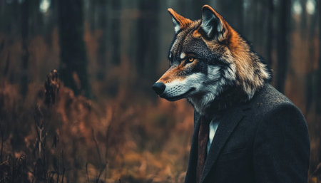 Wolf in Suit, Anthropomorphic Portrait Blending Animal and Human, Dark Forest Backgroundの素材