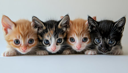 Four Adorable Kittens Posing Black, White, and Orange Furry Friends on White Backgroundの素材