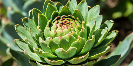 Close-up of healthy vivid bud of organically grown Artichoke growing on field in sunny gardenの素材