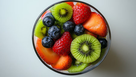 Refreshing Summer Breakfast Glass Bowl Overflowing with Fresh Fruit Slices on White Table,の素材