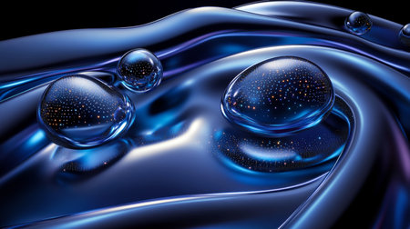 Abstract digital art Luminous spheres on a shimmering wave, connected by glistening data networks.の素材