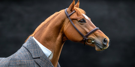 Elegant Horse in Tweed Suit A Striking Portrait on Black, Blending Equestrian Charm and Fashion.の素材