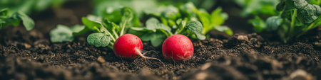 Two Vibrant Red Radishes Growing in Garden Bed, Fresh Spring Vegetables Thrive in Organic Soilの素材