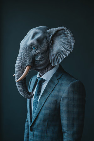 Elephant in Suit Anthropomorphic Portrait, Animal Human Hybrid Businessman on Blue Backgroundの素材
