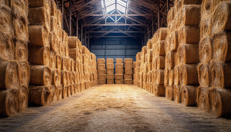 Golden Hay Bales Neatly Stacked, Farm Storage Barn, Livestock Feed, Bedding Preparationの素材