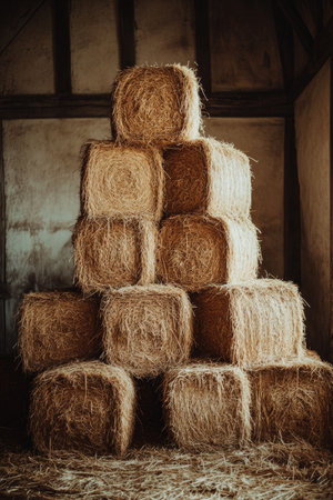 Golden Hay Bales Stacked High, Rustic Barn Storage, Livestock Feed and Bedding Preparationの素材