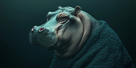 Anthropomorphic Hippopotamus in Cozy Suit, Embracing Its Human Side, Wildlife Artworkの素材