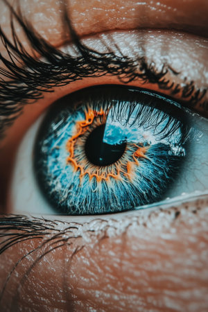 Close Up, Colorful Blue Eye With Detailed Iris, Long Eyelashes, and Specular Highlightの素材