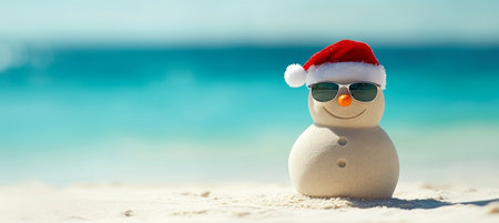 Sandy Snowman in Santa Hat and Sunglasses Relaxes on Tropical Beach with Turquoise Oceanの素材