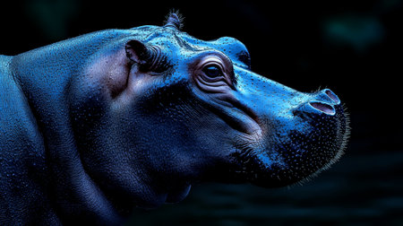 Close-Up Portrait of a Hippopotamus Emerging From Darkness Against a Black Backgroundの素材