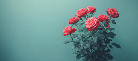 Red Roses on Green Background Bouquet of Flowers With Copy Space. Minimalist Floral Backgroundの素材