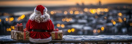 Santa Claus with gifts overlooking a snowy cityscape at sunset, Christmas spirit and holiday magic.の素材