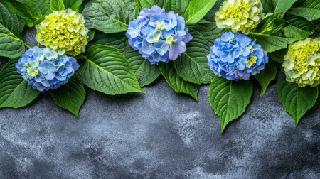 Blue, Green, And Yellow Hydrangea Flowers And Lush Leaves On Dark Background With Copy Spaceの素材