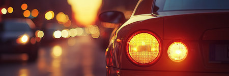 Luxury Car s Tail Lights Illuminated at Sunset on a Busy City Street With Bokeh, Room for Textの素材
