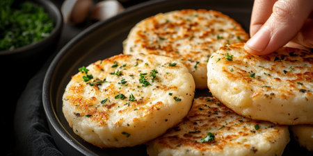 Crispy, Golden Potato Pancakes Served on Dark Background, Comfort Food with Fresh Herbsの素材