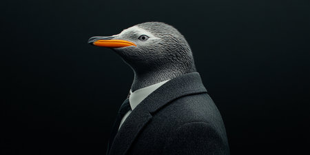 A Penguin in a Suit, Side View Against a Black Background, Art Blending Animal, Human Worldの素材