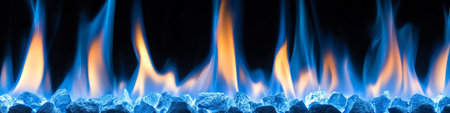Blue Flames Dancing on Black Background, Abstract Fire Texture. Energy and Heat Concept.の素材