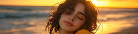 Golden Hour Bliss Close-Up of Young Woman at Beach, Sunset, Vibrant Colors, Natural Lightの素材