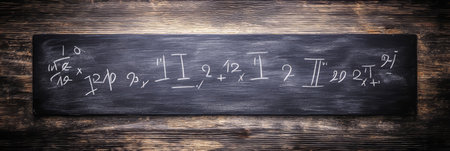 Vintage Chalkboard With Handwritten Mathematical Equations on Rustic Wooden Backgroundの素材