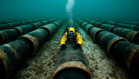 Underwater Data Skilled Diver Inspects Network Connectivity of Subsea Cables on Ocean Floorの素材