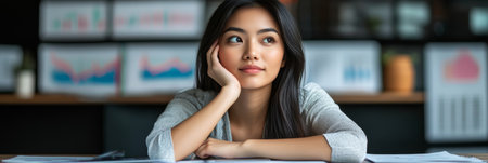 Pensive Young Professional Contemplating Business Strategy Amidst Charts and Data Visualizationsの素材