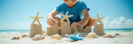 Child Building Sandcastle Kingdom, Smiling Underneath Summer Sky - Family Beach Vacation Funの素材