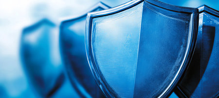 Security And Protection Concept, Abstract Metallic Shields In Blurred Blue And White.の素材