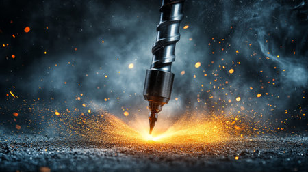 Power Drill Bit Generating Intense Sparks on Dark Background, Industrial Concept, Horizontal Banner.の素材