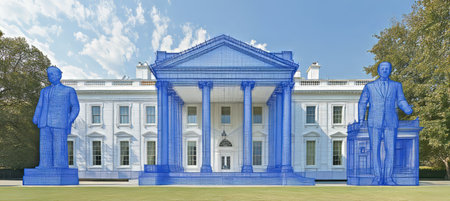 Historical Building with Futuristic Blue Dotted Outline and Flanking Statues on White House Groundsの素材
