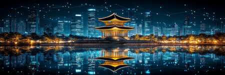 Gyeongbokgung Palace Reflected in Water with Futuristic Digital Network Over Seoul Skylineの素材