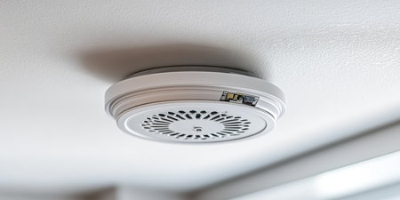 Modern Smoke Detector Mounted on White Ceiling with Visible Battery Compartment, Home Safety Conceptの素材