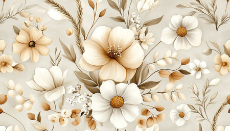 Delicate Cosmos Wheat Floral Pattern, Muted Watercolor Botanical Print, Gentle Floral Designの素材