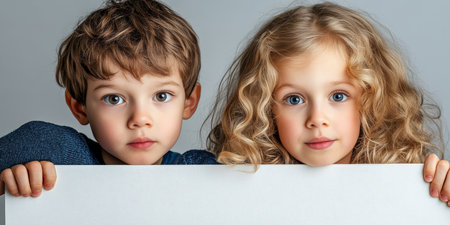 Two Adorable Kids Peeking Over a Blank White Sign, Bright, Playful, Crisp White Backgroundの素材