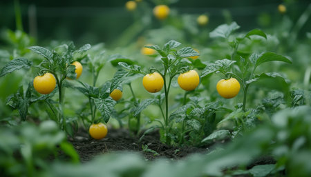 Golden cherry tomatoes growing on vine. Ripe yellow tomatoes ready for harvest, close-up.の素材