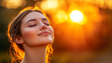 Serene Woman at Sunset, Golden Hour Beauty, Profile with Closed Eyes, Peaceful Expressionの素材