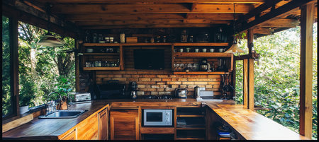Modern Open Kitchen Design with Wooden Elements and Garden Views. Sustainable Home Decor.の素材