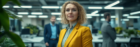 Stressed businesswoman standing in busy office environment with colleagues in background, portrait.の素材