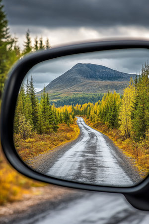 Winding Autumn Road, Scenic Drive Reflection in Rearview Car Mirror, Colorful Landscape Journeyの素材