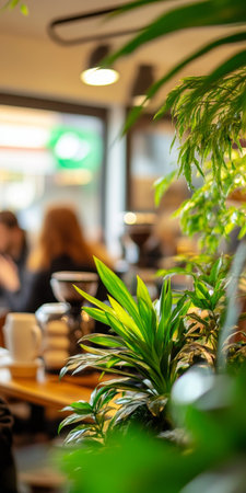 Blurred Cafe Interior Cozy Ambiance with Lush Greenery, Sunlight, and the Aroma of Coffeeの素材